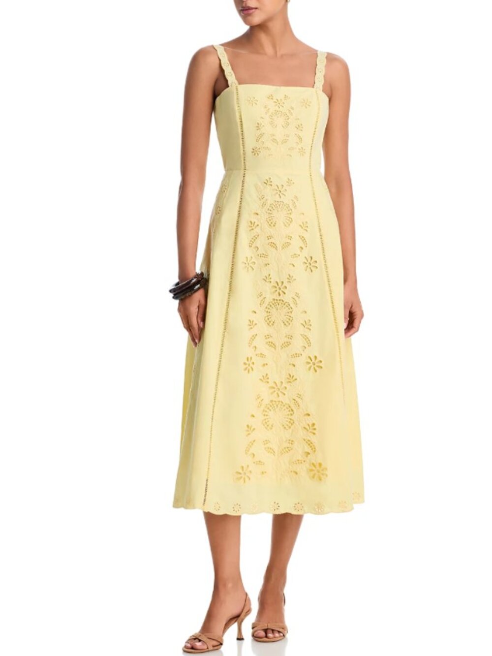 AQUA Embroidered Midi Dress Soft Yellow Cotton Scalloped Eyelet Size Small